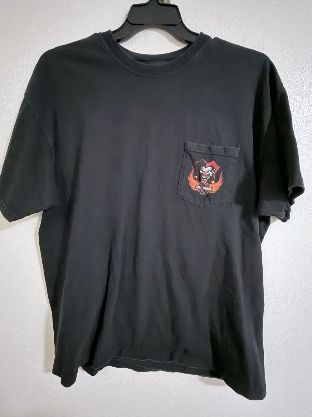 Vintage 90s Harley Davidson Sinister Jester pocket T-Shirt XL Made in USA Flint